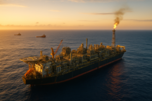 Produção petróleo gás brasil em plataforma FPSO ao amanhecer, com navios de apoio e mar azul intenso