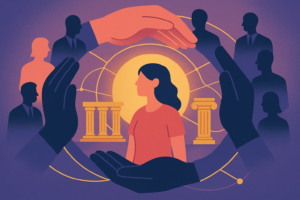Ilustração mostra mãos e instituições protegendo uma mulher; projeto lei quer tornar a política antifeminicídio permanente.