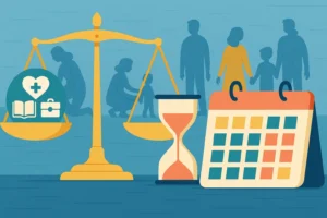 Votação do Estatuto da Pessoa Autista é adiada, simbolizada por balança, calendário e ampulheta.