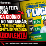 Arte jornalística do Portal Marcio Pires sobre pesquisa eleitoral para o Senado no Maranhão. A imagem destaca uma pesquisa do Instituto Veritá que apresenta Cidônio Gonçalves em primeiro lugar, com 10,9%. Um robô representa a coleta telefônica automatizada. A arte traz a chamada “Pesquisa feita por robô coloca Cidônio em 1º no Maranhão; Veritá tem histórico de suspeita de pesquisa fraudulenta” e o carimbo do Portal Marcio Pires.