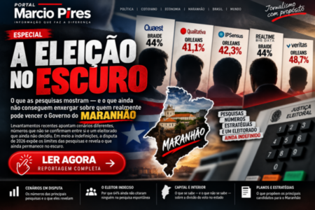 Arte jornalística vertical do Portal Marcio Pires sobre a eleição para o Governo do Maranhão em 2026. A imagem destaca a frase “A Eleição no Escuro” e a pergunta “Quem realmente vai governar o Maranhão?”. Ao fundo aparecem números de pesquisas eleitorais, silhuetas de candidatos, o mapa do Maranhão, uma urna eletrônica e informações sobre eleitor indeciso, cenários eleitorais, capital e interior. A arte convida o público a assistir à análise completa sobre as pesquisas e os caminhos da eleição maranhense.