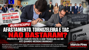 Arte jornalística do Portal Marcio Pires sobre Buriticupu destaca assinatura de TAC, quatro ações judiciais, R$ 1,02 milhão em multas atribuídas ao prefeito, afastamento, tornozeleira eletrônica e novas investigações do Ministério Público do Maranhão.