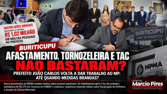 Arte jornalística do Portal Marcio Pires sobre Buriticupu destaca assinatura de TAC, quatro ações judiciais, R$ 1,02 milhão em multas atribuídas ao prefeito, afastamento, tornozeleira eletrônica e novas investigações do Ministério Público do Maranhão.