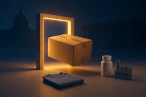 Fim da taxa das blusinhas ilustrado por pacote, camiseta e portal luminoso rumo à votação