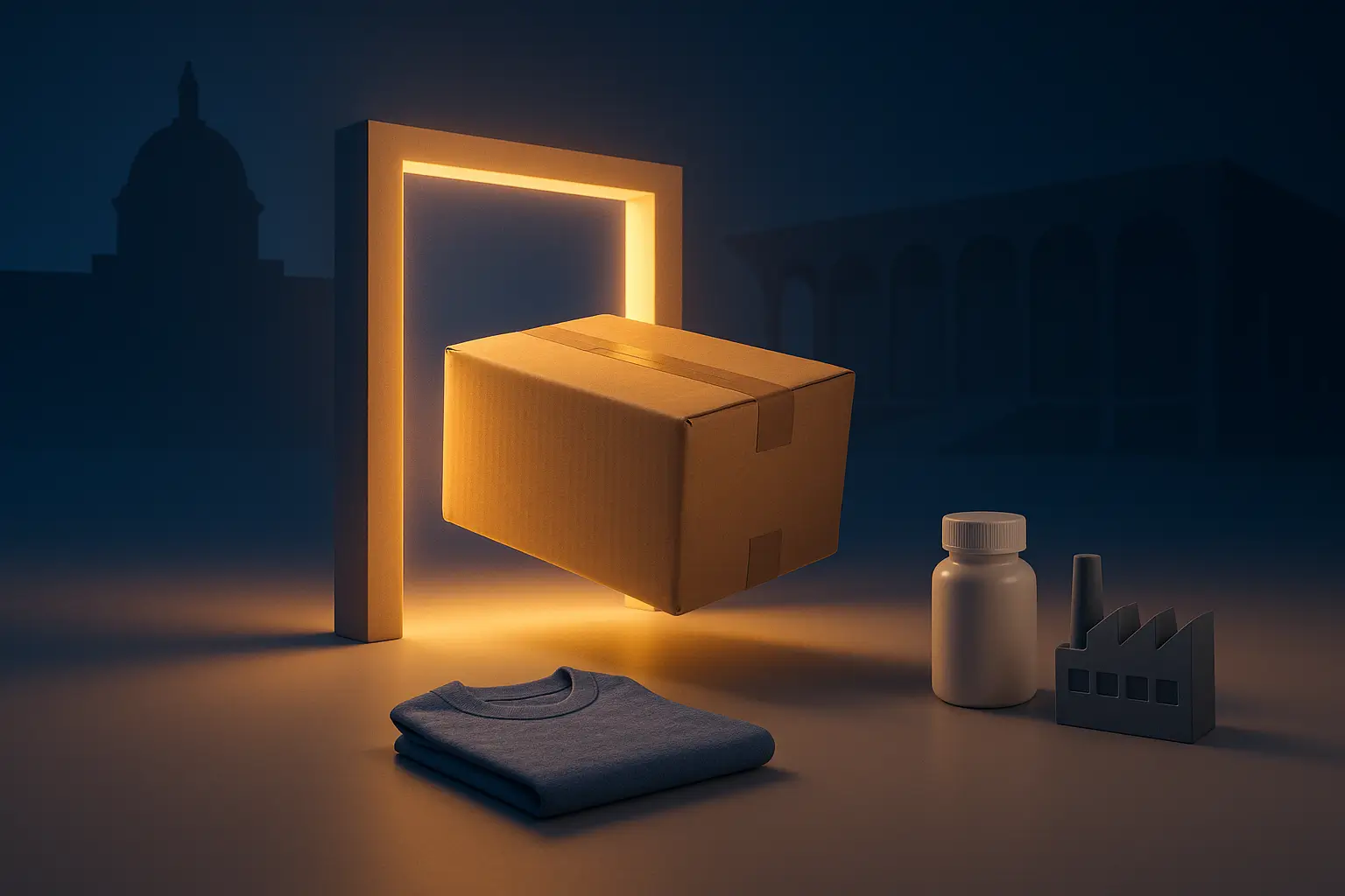 Fim da taxa das blusinhas ilustrado por pacote, camiseta e portal luminoso rumo à votação