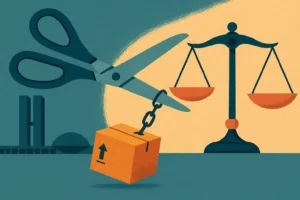 Fim da taxa das blusinhas ilustrado por tesoura cortando corrente ligada a encomenda e balança tributária