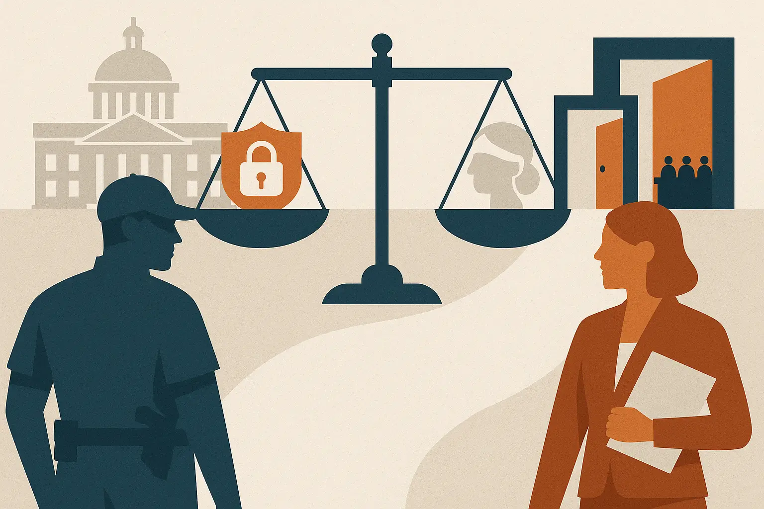 Ilustração de agente socioeducativo e oficial de Justiça sobre porte de arma para agentes socioeducativos e oficiais de Justiça