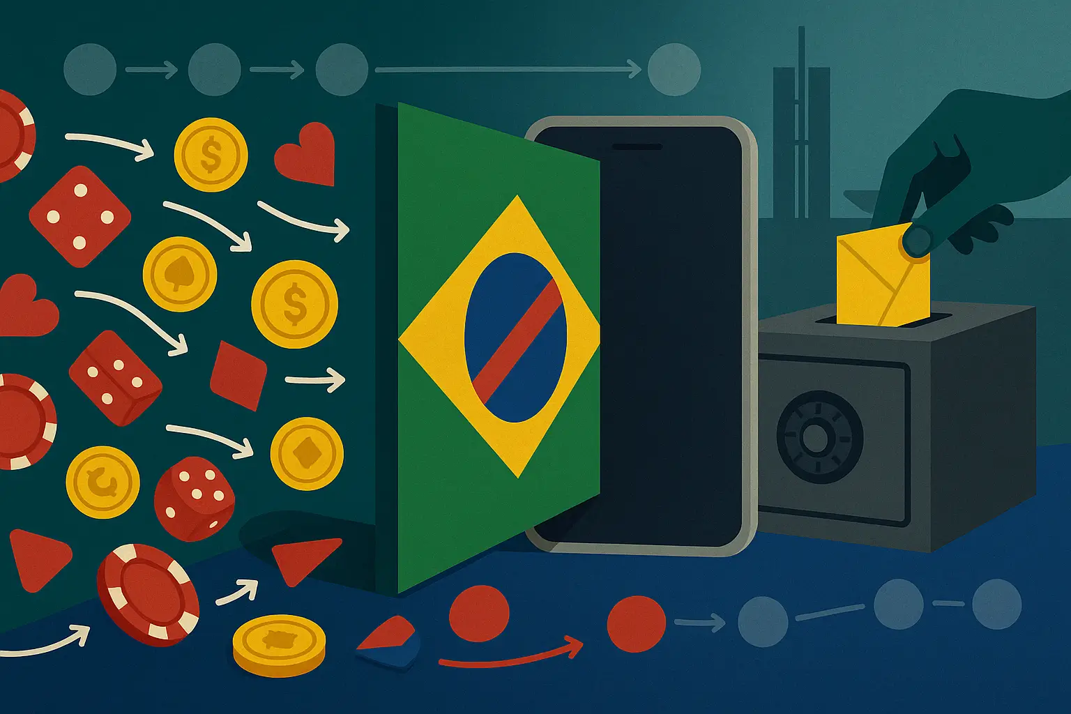 Ilustração sobre a proibição das bets, com barreira brasileira bloqueando fichas diante de celular escurecido.