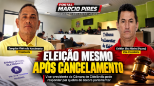 Imagem destacada do Portal Marcio Pires mostra Esequias Vieira do Nascimento, presidente da Câmara Municipal de Cidelândia, à esquerda, e Cleildon Silva Ribeiro, conhecido como Piçarra, vice-presidente, à direita. Ao fundo, o plenário da Câmara. A arte destaca a eleição da Mesa Diretora para o biênio 2027/2028, realizada após o cancelamento oficial, e a suspeita de quebra de decoro parlamentar.
