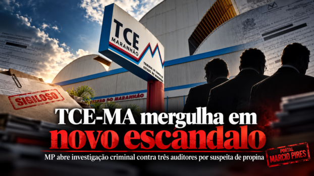 Imagem destacada da reportagem sobre investigação criminal do MPMA envolvendo três auditores do TCE-MA por suspeita de propina. A arte apresenta a fachada do Tribunal de Contas do Maranhão, silhuetas de homens, documentos sob sigilo e o carimbo do Portal Marcio Pires.