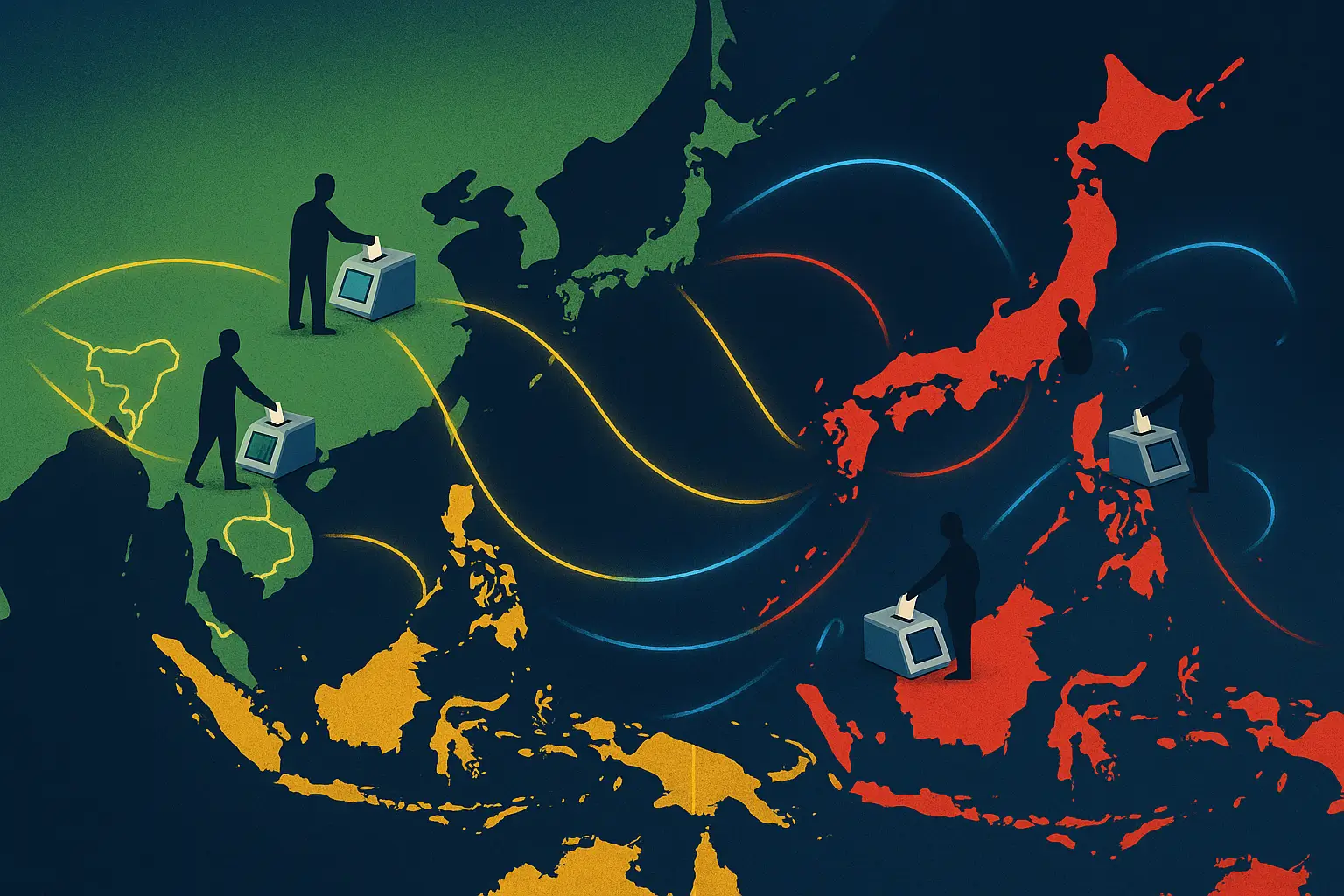 Mapa da Ásia e Oceania dividido por cores, ilustrando as eleições 2026 entre Lula e Flávio Bolsonaro.