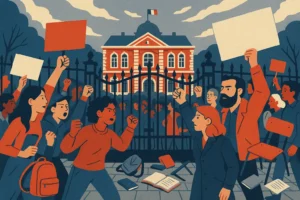 Ilustração de protestos França reúnem 256 mil, com alunos e professores diante de escola bloqueada.