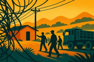 Ilustração de operação contra uso irregular de energia em área rural do Maranhão, com fios clandestinos e agentes.