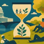 Ilustração do senado aprova fim escala, com trabalhadores descansando e uma ponte entre o Senado e um parque