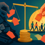 Ilustração sobre desenrola 3 pode renegociar dívidas, com moedas, contas, balança e famílias rumo à inclusão financeira.
