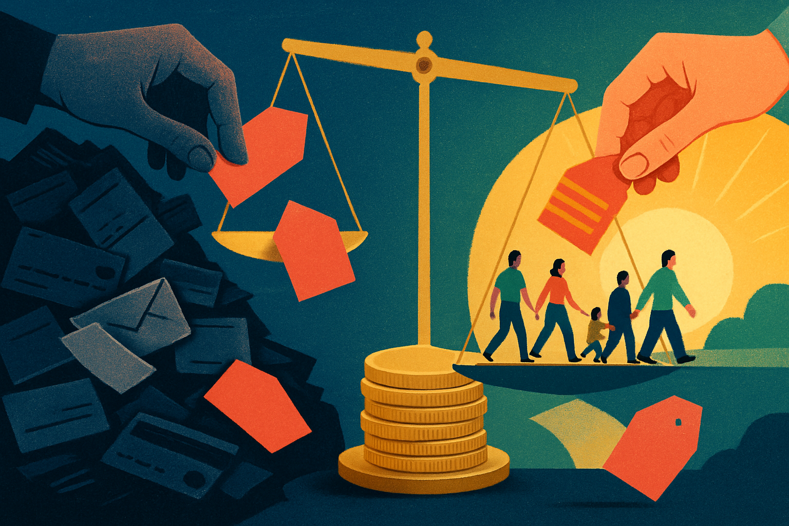 Ilustração sobre desenrola 3 pode renegociar dívidas, com moedas, contas, balança e famílias rumo à inclusão financeira.